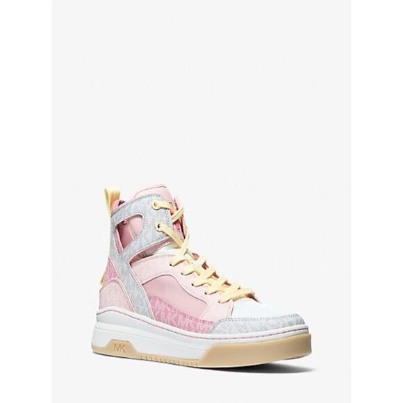 PERFECTION NEW MICHAEL KORS MATSON HIGH TOP CANVAS SNEAKERS PINK MULTI $225 S7.5 - Picture 2 of 12